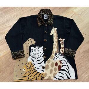 Storybook‎ Knits Sweater Womens Large  Black Giraffe Zebra Tigers Animal Print